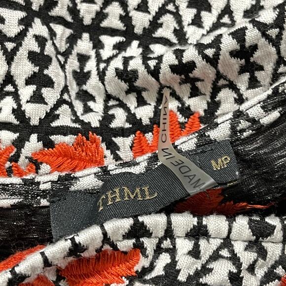 THML Mini Dress Size M Petite Black White Orange Embroidered Boho - Picture 8 of 9
